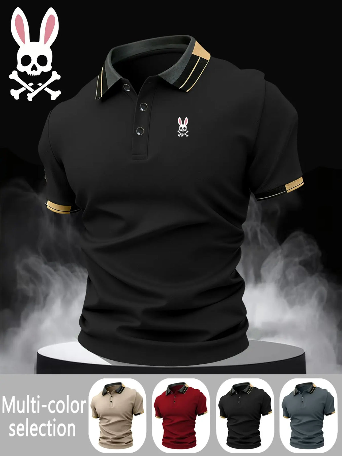 Men's Skull Rabbit Print Collared Polo Shirt, Elastic Casual Breathable Four Seasons Wear, Comfortable Durable High‑End Polo Top, Casual Polo Shirts