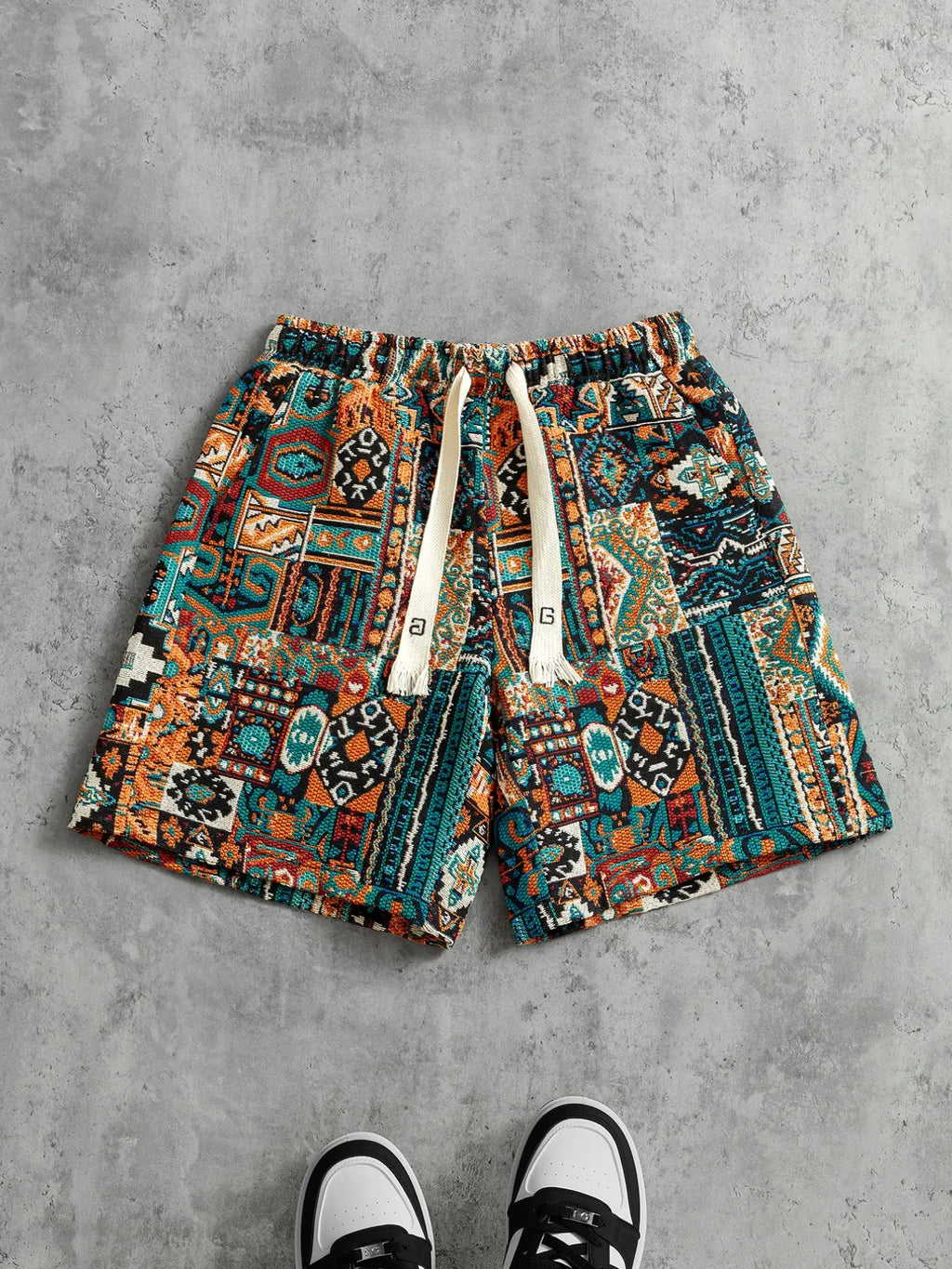 Ethnic Printed Loose Mid Men's Shorts, Summer Retro Casual Beach Shorts, Trendy Street Style Versatile Pants for Everyday Wear, Fashion Casual Shorts