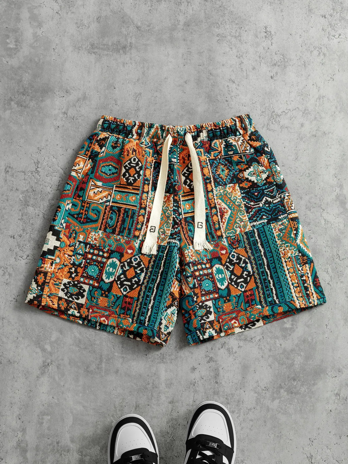 Ethnic Printed Loose Mid Men's Shorts, Summer Retro Casual Beach Shorts, Trendy Street Style Versatile Pants for Everyday Wear, Fashion Casual Shorts