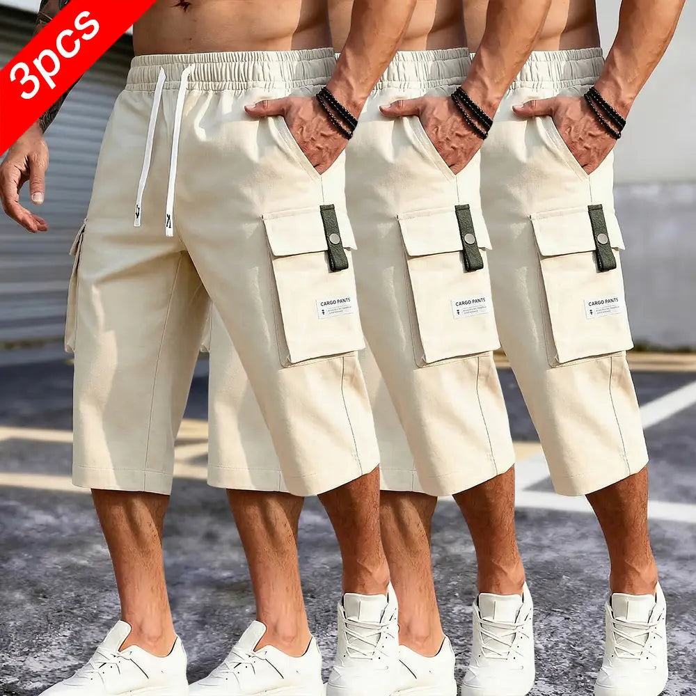 Men's 3-Pack Casual Cargo Shorts - Elastic Drawstring Waist, Multi-Pocket Design, Lightweight Utility, Large Pockets - Men's Clothing for Outdoor Work Wear Summer Streetwear