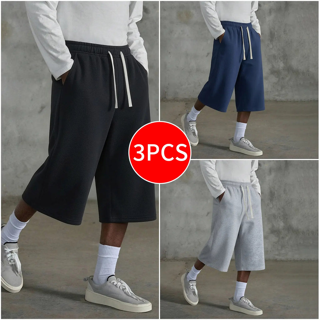 3-pack Men’s casual seven-eighths shorts, summer street style; men’s straight-leg athletic pants; soft, comfortable jogging pants with pockets—suitable for everyday life, work, travel, running, leisure, and outdoor activities.