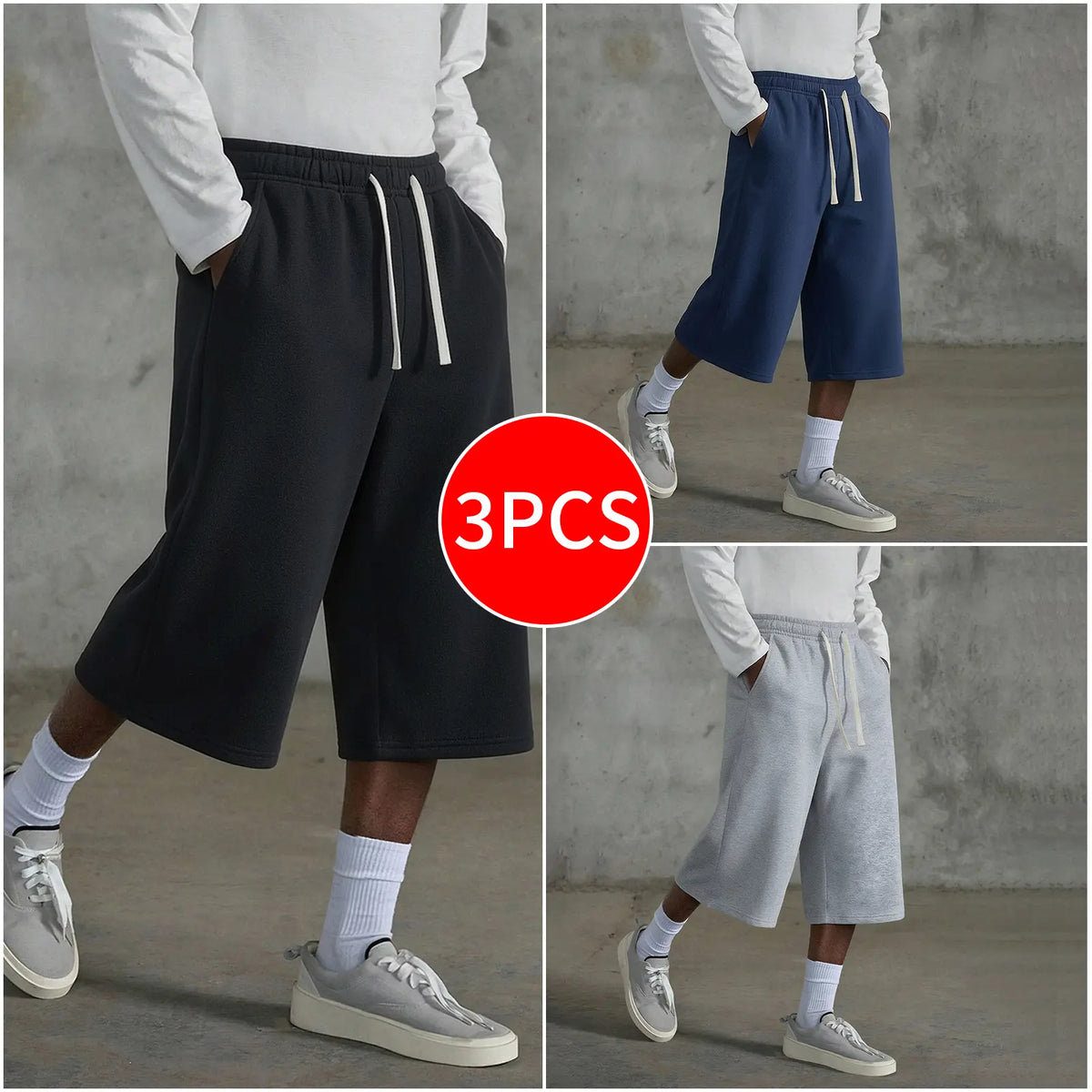 3-pack Men’s casual seven-eighths shorts, summer street style; men’s straight-leg athletic pants; soft, comfortable jogging pants with pockets—suitable for everyday life, work, travel, running, leisure, and outdoor activities.
