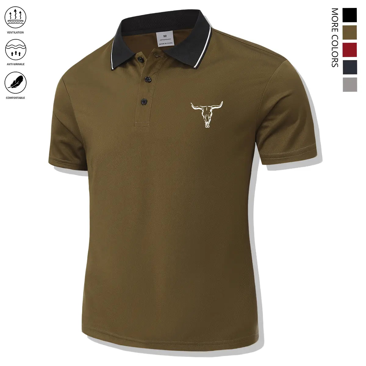 Men's Regular Fit Short-Sleeve Athletic Polo Shirt - Button-Front, Front Bull Print, Sports Shirts, Athletic Apparel Tops, Male Men's Clothing Casual Everyday Top