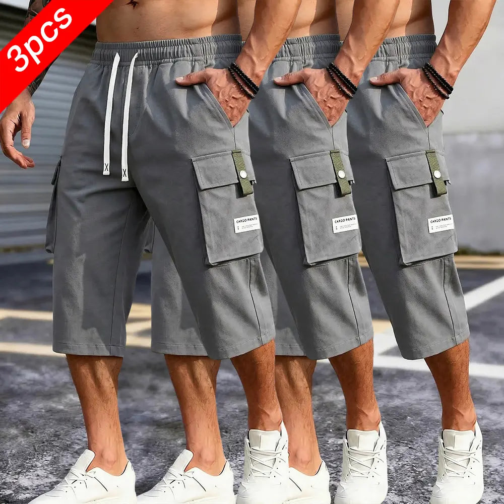Men's 3-Pack Casual Cargo Shorts - Elastic Drawstring Waist, Multi-Pocket Design, Lightweight Utility, Large Pockets - Men's Clothing for Outdoor Work Wear Summer Streetwear