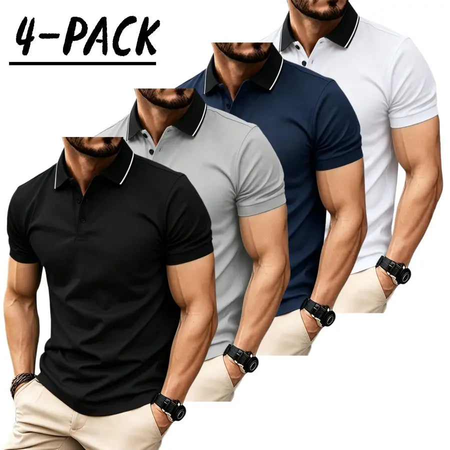 Men’s short sleeve polo shirt set of four pieces with a turn down collar and three buttons; urban casual style with contrast piping at the collar, slim tailored shoulders, and refined bead detailing. Suitable for men’s commuting, shopping, and exploring s