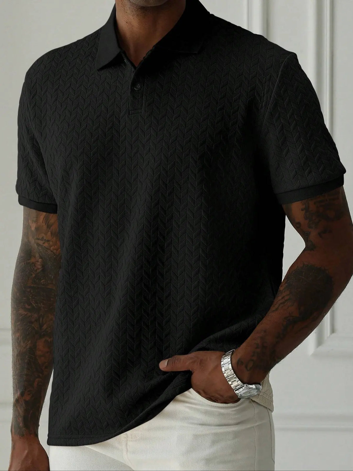Men's Breathable Sweat-Wicking Loose Classic Casual Plain Solid Color Jacquard Fabric Short Sleeve Textured Polo Shirt, Comfortable Fit for Daily Wear, Casual Polo Shirts Summer Polo Shirt