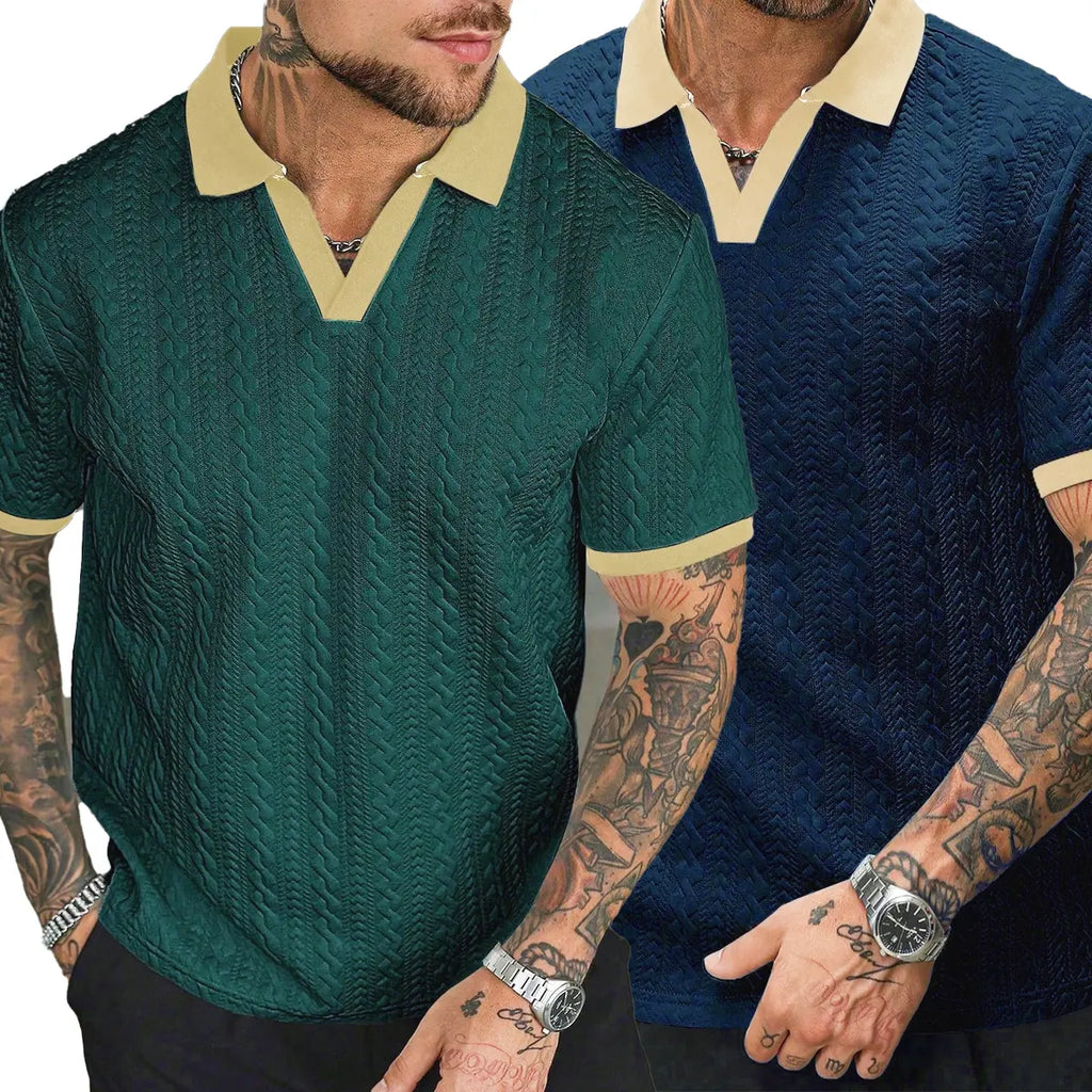 Men’s Cream V-Neck Polyester Knit Polo Shirt - Contrast-Color, Short-Sleeve, Textured, Retro-Style, Fitted Cut, Medium Length Male Clothing for Casual Commuting, Moire Stripes