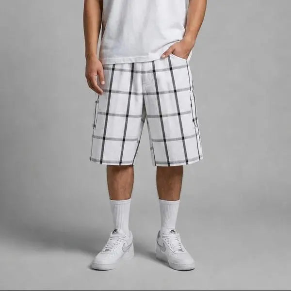 SHAKAWEAR Men's Checked Plaid Casual Streetwear Cargo Shorts - Stretch, 6 Pockets, Drawstrings, Versatile Outfits