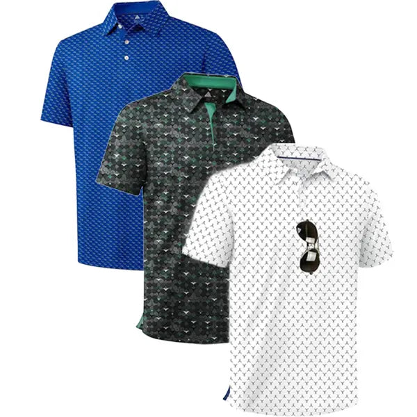 ZITY Men’s 3-Pack Short Sleeve Unique Prints Button Polo Shirts - 4-Way Stretch, Breathable, Moisture Wicking, Cool Touch, UPF 30+ Protection, Casual Outdoors/Party Top - Check Size Chart, Holiday Gifts for Boyfriend