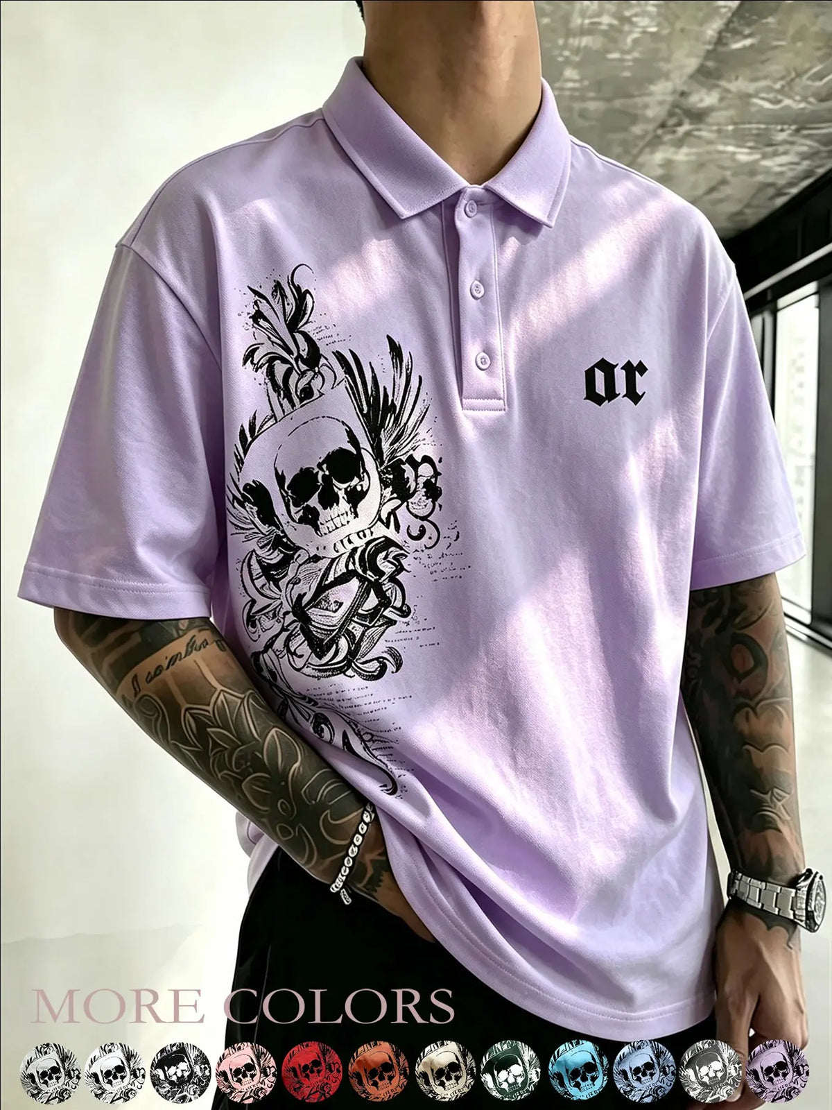 Men's Black Gothic Skeleton Letter Printed – American retro Gothic street style short-sleeved top, Streetwear Polo Shirt, suitable for Y2K, casual daily wear, date outfits, campus life, street style, light business casual, summer outings.