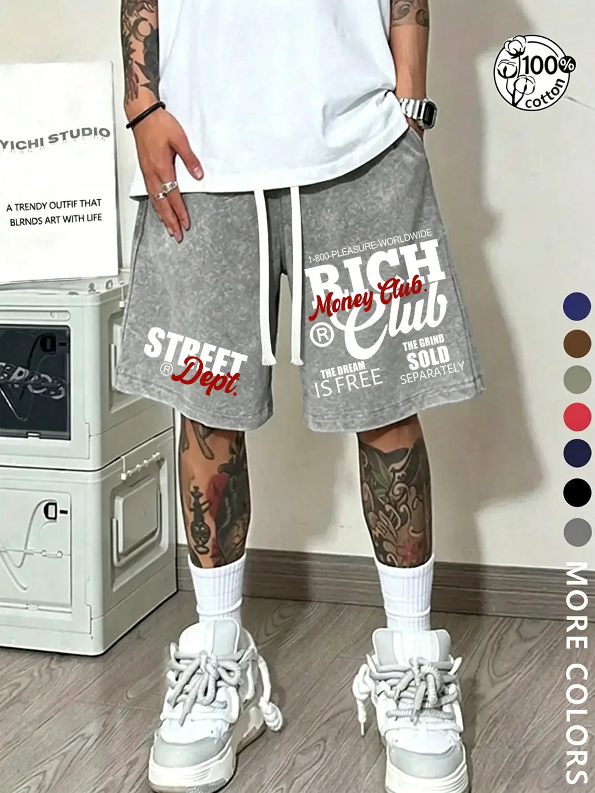 Unisex Street-Style Summer Shorts, Letter Print Shorts, 'Money' Slogan and RICH Lettering, American Hip-Hop Washed Cotton Graphic, Loose-Fit Drawstring Waist, Chic Casual Shorts, Suitable for Streetwear, Couple Outfits, and Everyday Wear