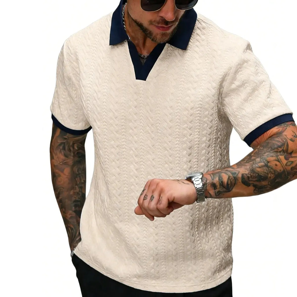 Men’s Cream V-Neck Polyester Knit Polo Shirt - Contrast-Color, Short-Sleeve, Textured, Retro-Style, Fitted Cut, Medium Length Male Clothing for Casual Commuting, Moire Stripes