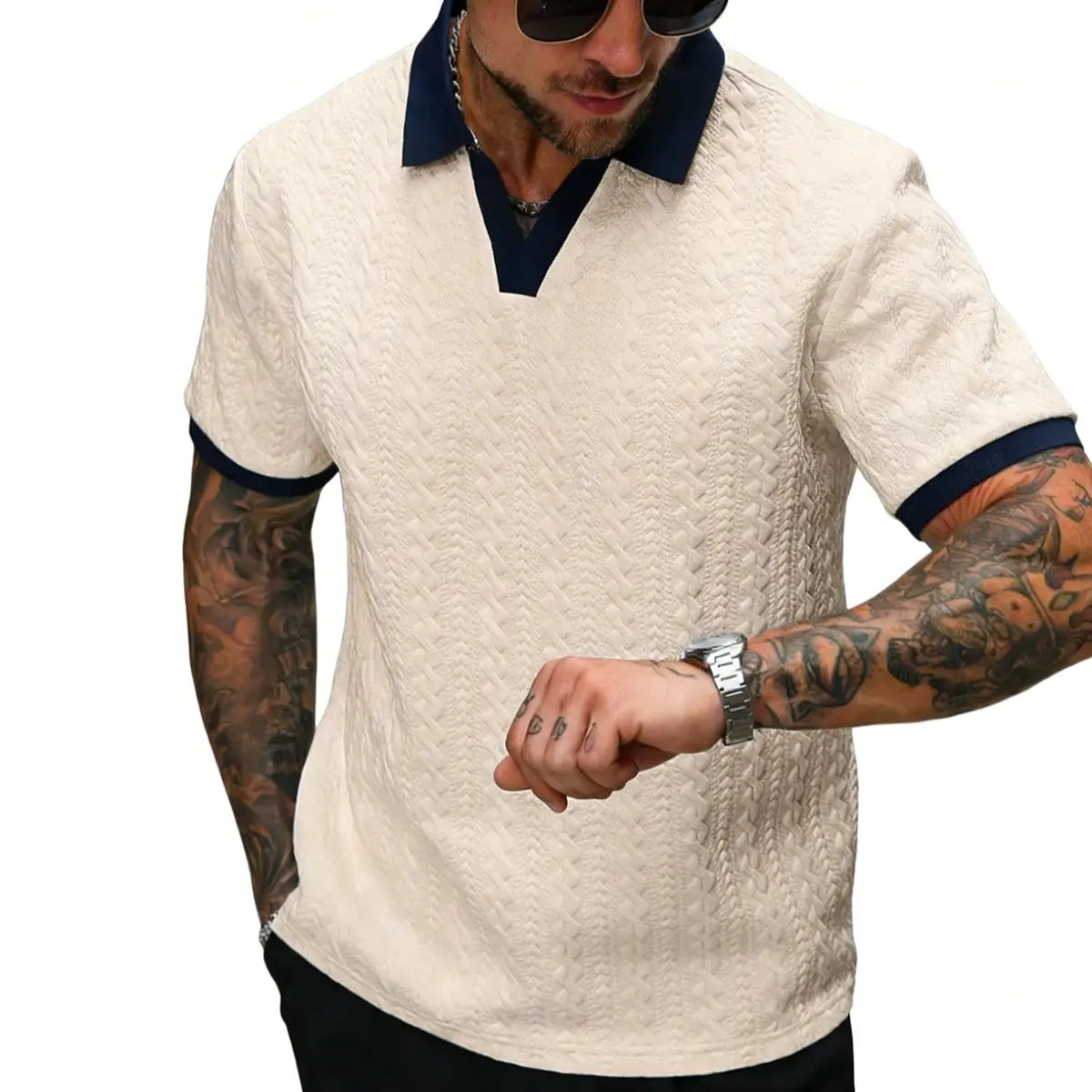 Men’s Cream V-Neck Polyester Knit Polo Shirt - Contrast-Color, Short-Sleeve, Textured, Retro-Style, Fitted Cut, Medium Length Male Clothing for Casual Commuting, Moire Stripes