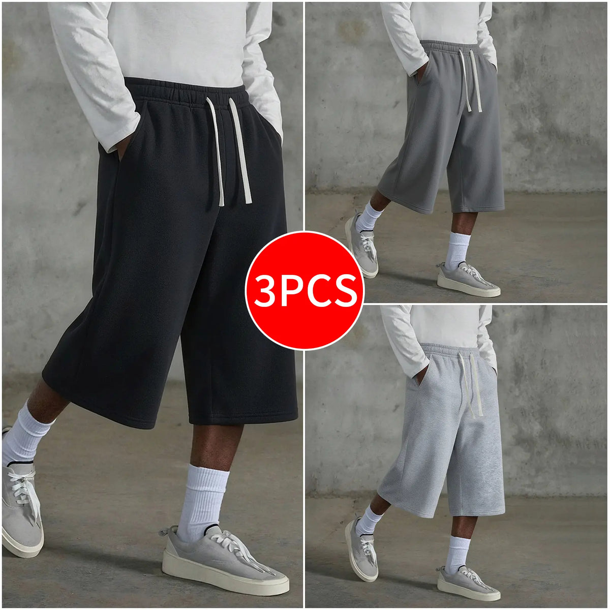 3-pack Men’s casual seven-eighths shorts, summer street style; men’s straight-leg athletic pants; soft, comfortable jogging pants with pockets—suitable for everyday life, work, travel, running, leisure, and outdoor activities.