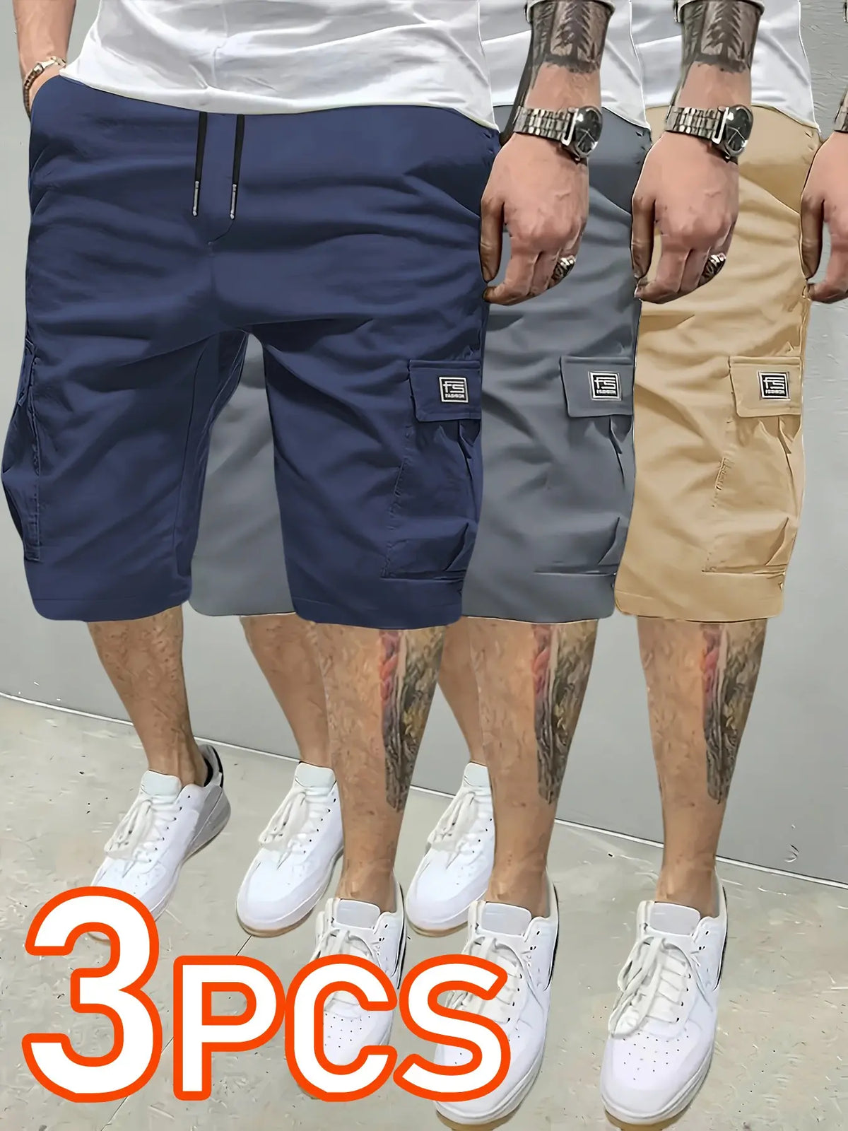 3 pieces 3counts 3pcs Men's Summer Casual Outdoor Shorts, Wear-Resistant Workwear Pants, Plain Color Cargo Shorts with Multiple Pockets, Elastic Waist
