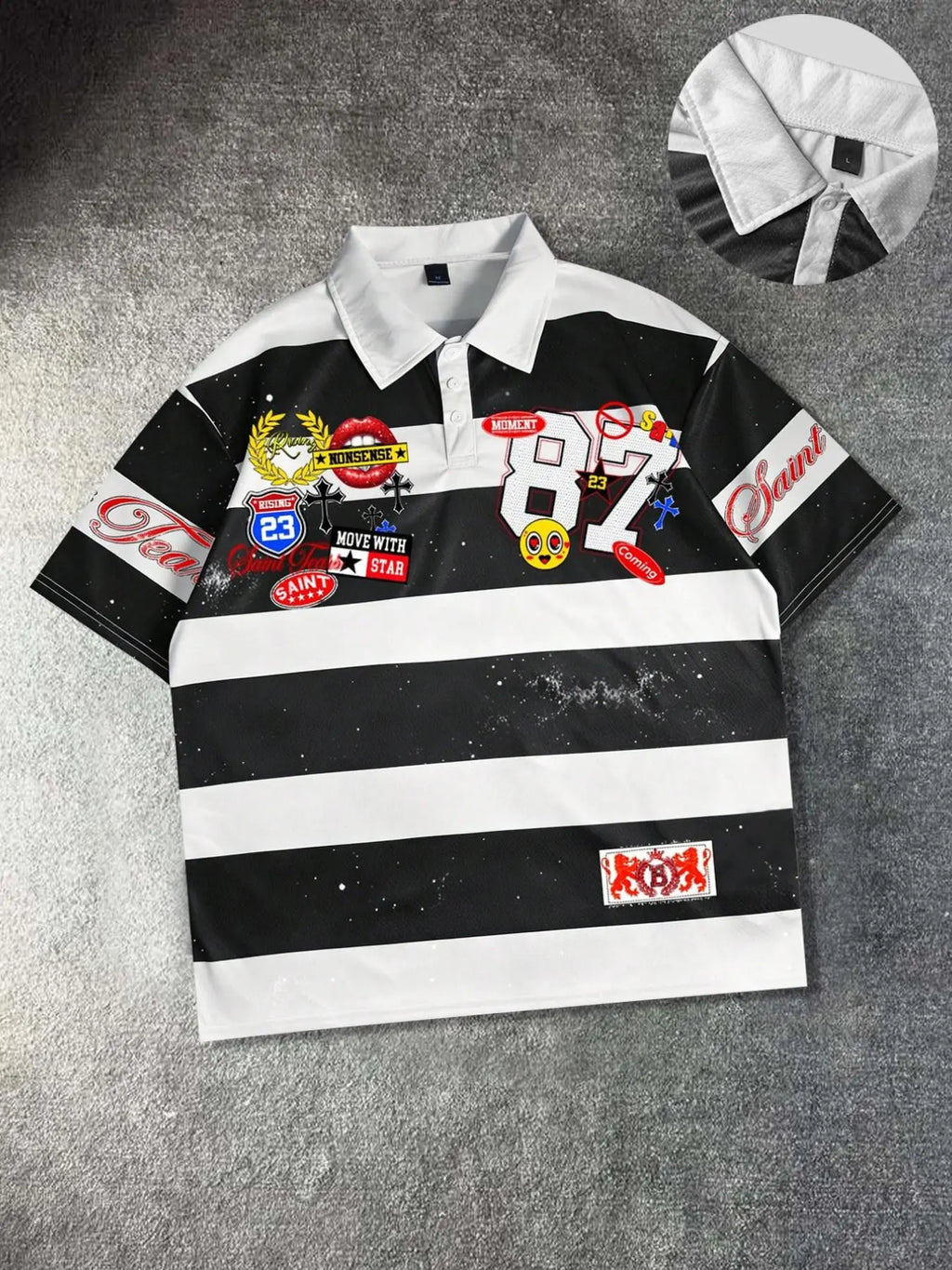 Black and white striped Classic, Buttoned polo shirt short sleeved unisex polo collar badge streetwear casual brand 2026 new shirt