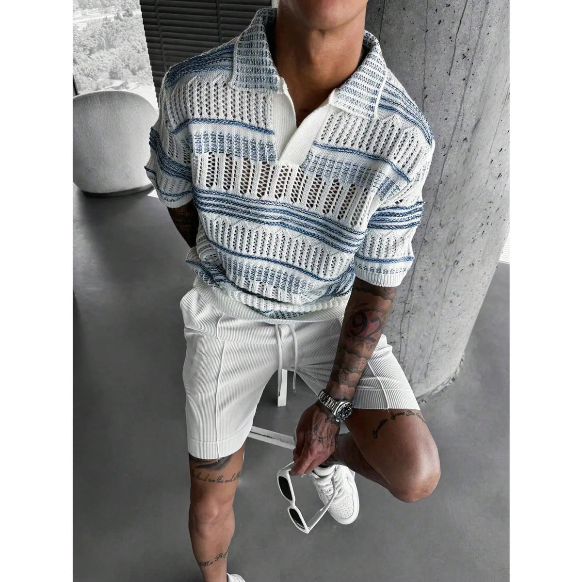 Men's Collared Striped Polo Shirt - Hollow Knit Fabric, Lightweight Short-Sleeve Relaxed-Fit Top with Button Closure for Summer Golf, Office