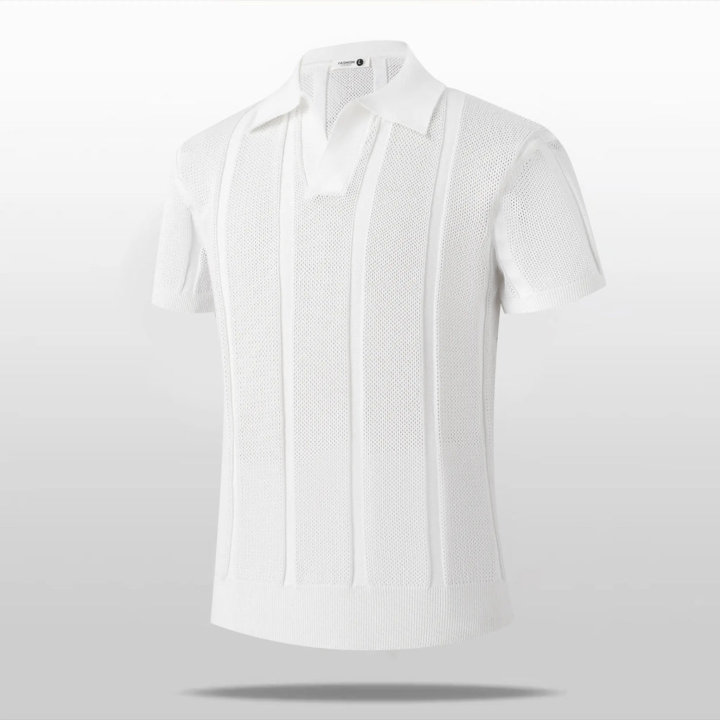 Vertical ribbed hollow knit short sleeve polo top with notch lapel open V-neck and ribbed cuffs, breathable lightweight stretch fabric slim tailored silhouette refined daily essential to build modern minimalist mensfashion outfits