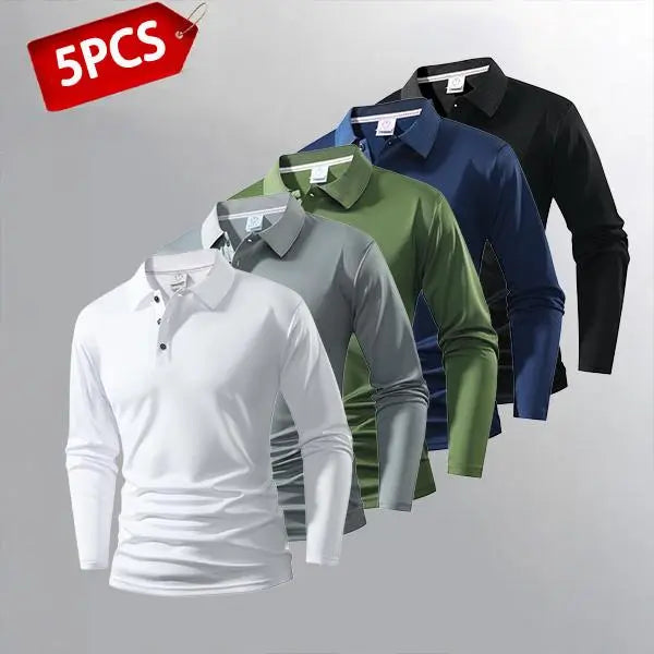 Men's Lightweight 5-Pack Long Sleeve Polo Shirts - Moisture-Wicking, Quick-Drying, Breathable Plain Sports Tops for Work, Golf,sohochic