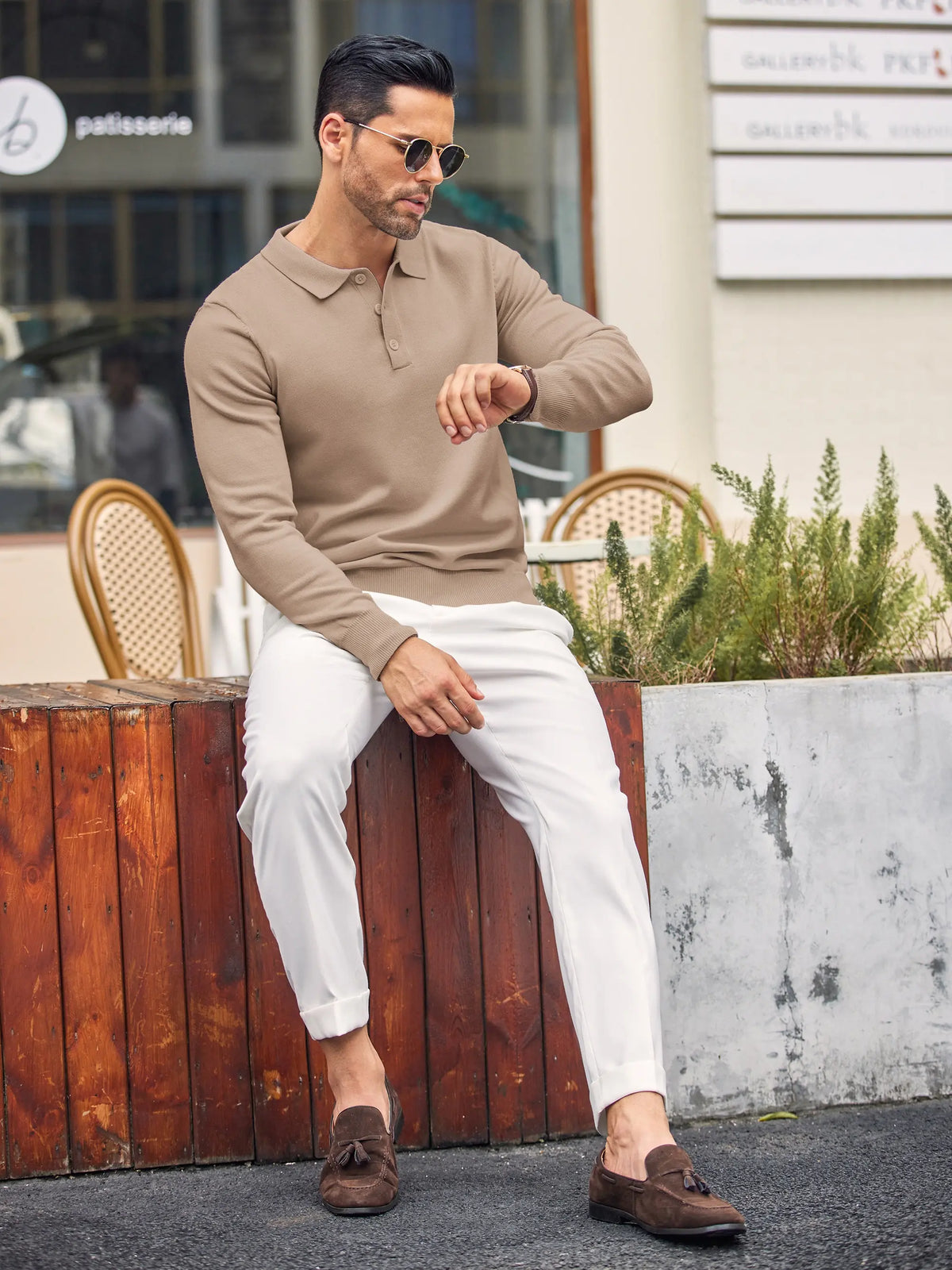 COOFANDY Men's Long Sleeve Knit Polo - Casual Button Down Golf Shirts for Men Formal Quarter