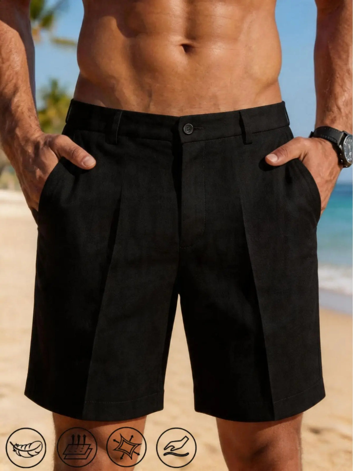 Men's Beige Fitted Pocket-Equipped Knee-Length Mid-Waist Straight Pants - Polyester Fiber, Sleek Suit Style Casual Menswear Bottoms for Resort, Beach Use