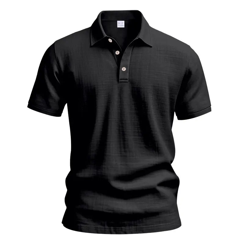Men’s summer washable crinkled linen polo shirt with classic lapel and three-button placket, relaxed drop-shoulder fit; lightweight and breathable—ideal for seaside/beach, commuting, and casual wear.