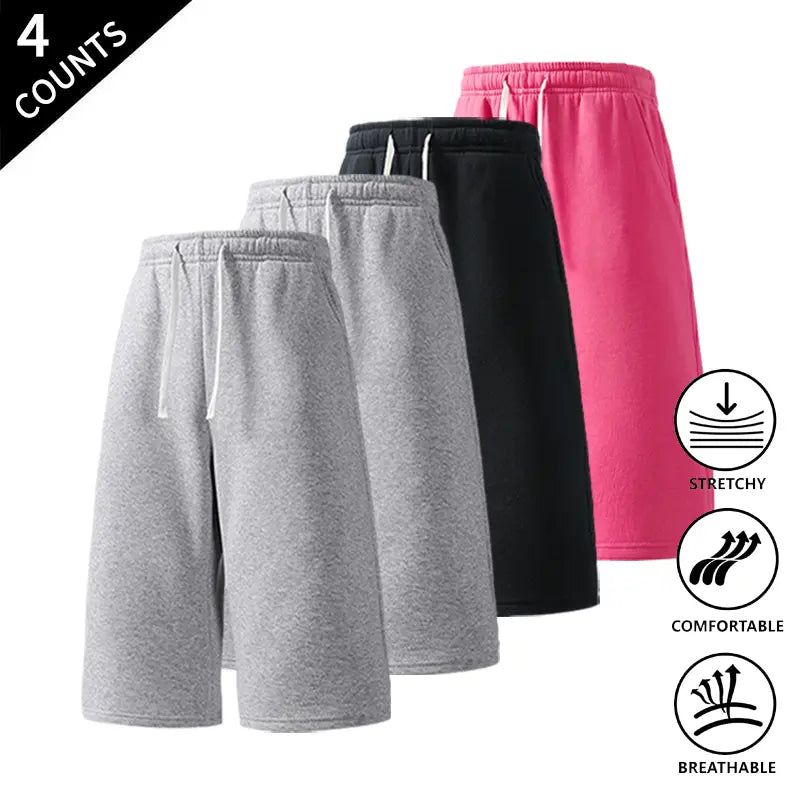 Men's Plain Stretchy Mid-Calf Cropped Pants 4-Pack - Menswear Sports Clothes for Casual, Outdoor Use - Available in Light Gray + Black + Rose Red + Navy Blue