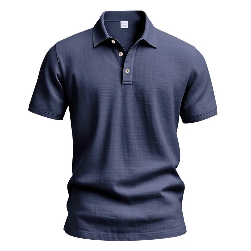 Men’s summer washable crinkled linen polo shirt with classic lapel and three-button placket, relaxed drop-shoulder fit; lightweight and breathable—ideal for seaside/beach, commuting, and casual wear.