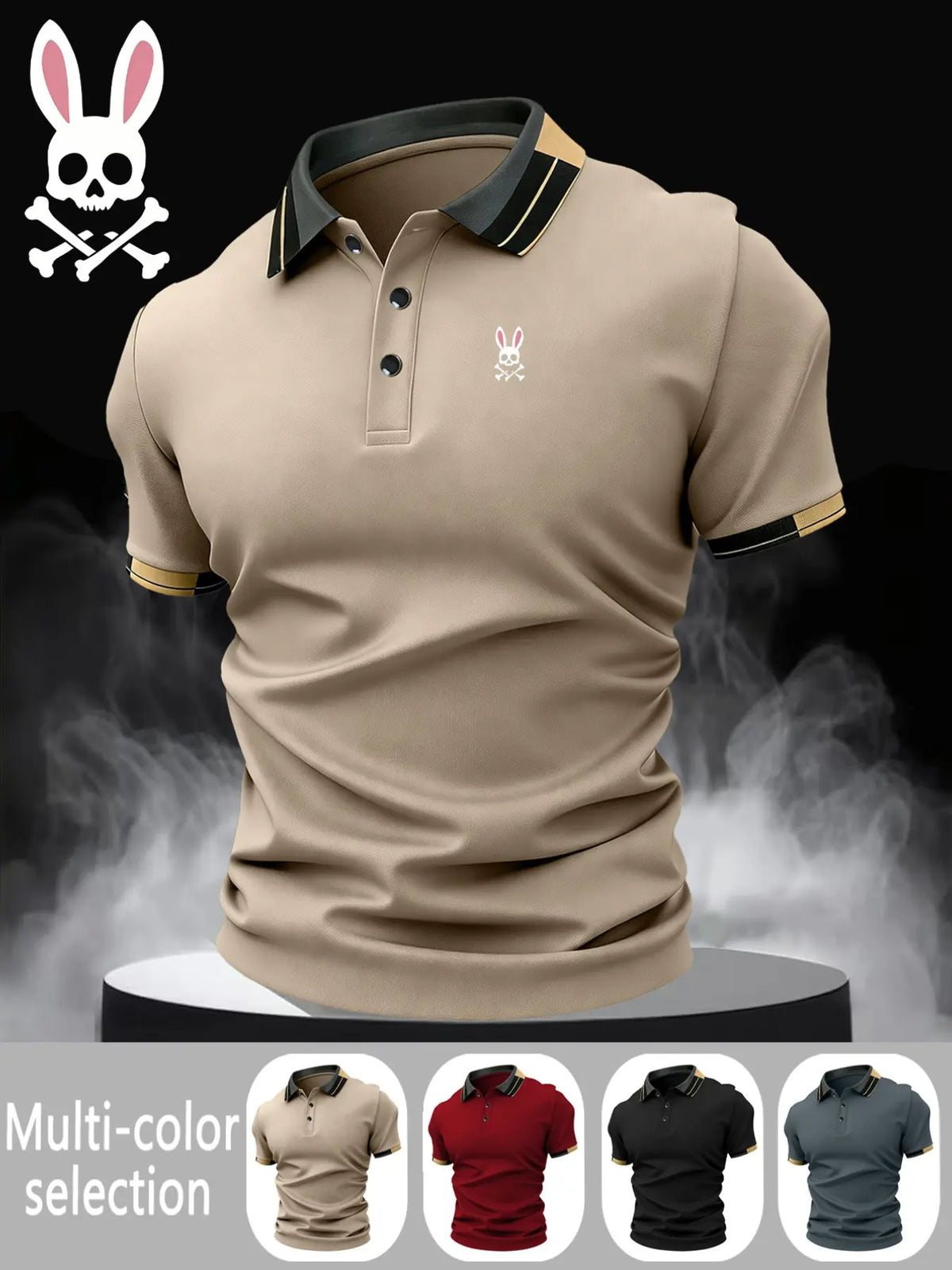 Men's Skull Rabbit Print Collared Polo Shirt, Elastic Casual Breathable Four Seasons Wear, Comfortable Durable High‑End Polo Top, Casual Polo Shirts