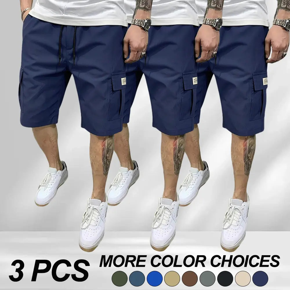 3-piece set of men’s fitted workwear shorts — casual summer drawstring color-blocked shorts that are lightweight and breathable, featuring diagonal insertion and multiple pockets; multifunctional for daily wear, beach, and fitness. Men’s fitted shorts; a