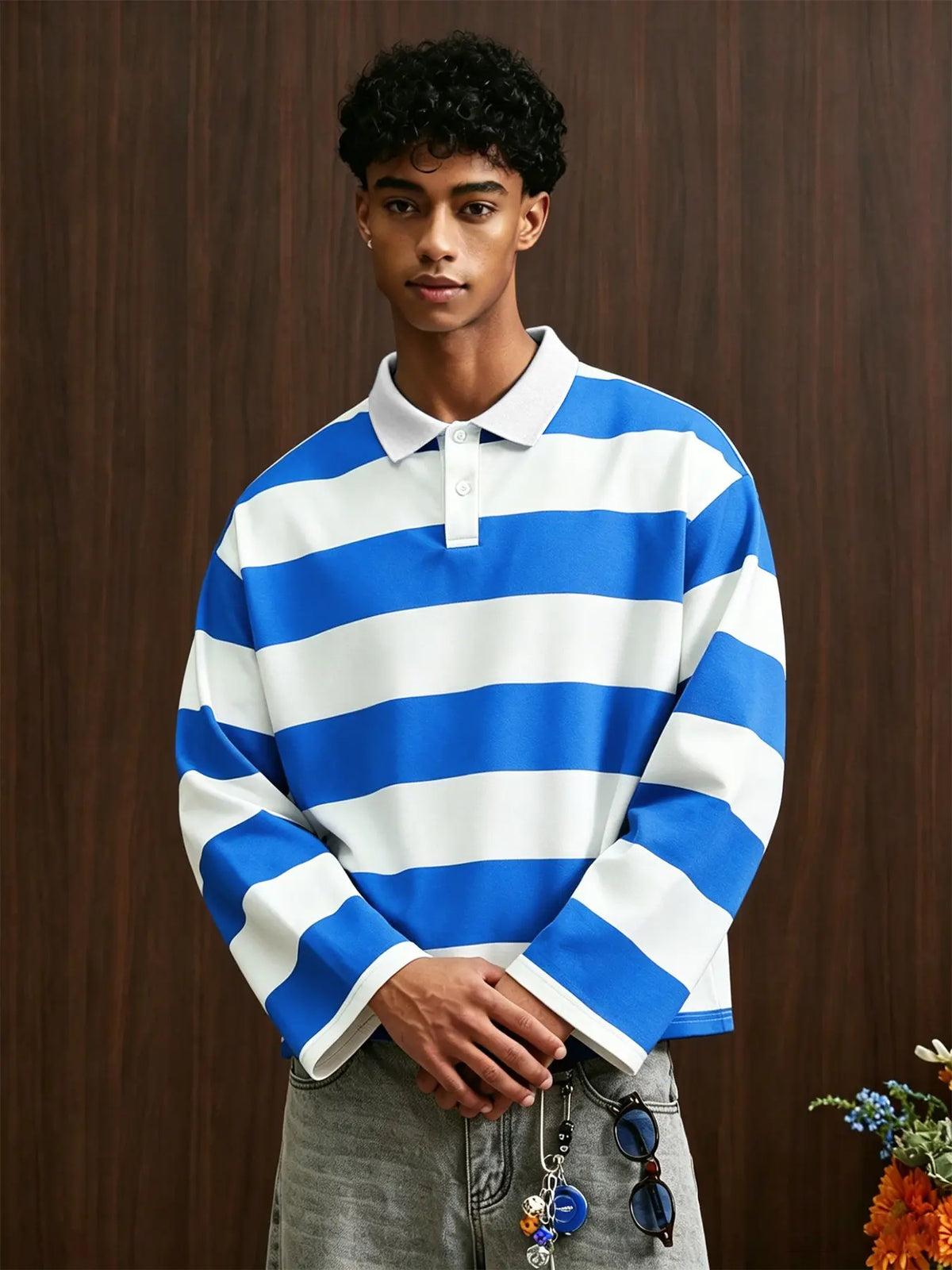 Men's Black and White Wide Stripe Striped Long Sleeve Oversize Loose Collared Polo Shirt, Retro Button-Down Collar for Urban Street Style Streetwear and Daily Casual Outfits