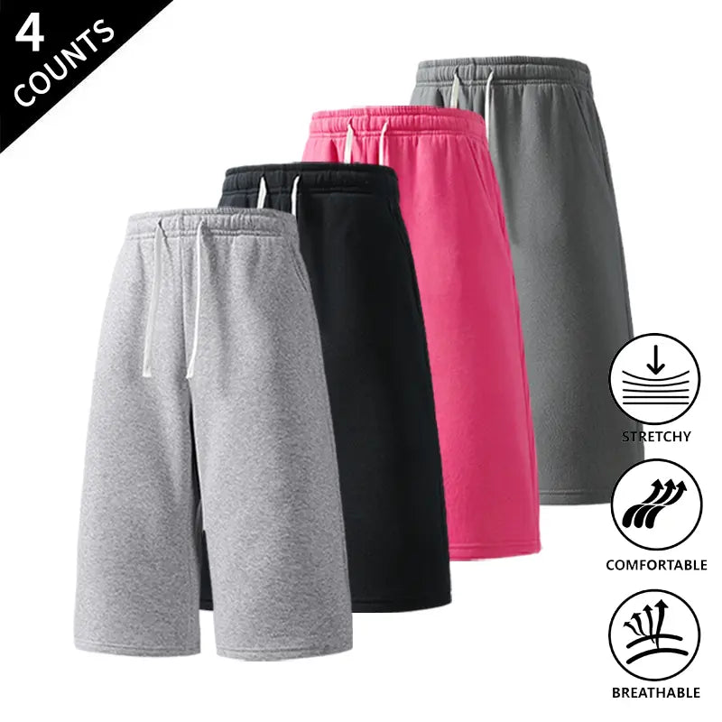 Men's Plain Stretchy Mid-Calf Cropped Pants 4-Pack - Menswear Sports Clothes for Casual, Outdoor Use - Available in Light Gray + Black + Rose Red + Navy Blue