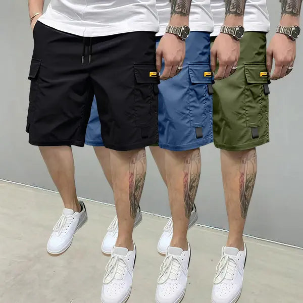 Men's 3-Piece Plain Streetwear Utility Outfits - Hoodie, Multi-Pocket Design Lightweight Mid-Rise Utility Men's Shorts, Comfortable Stylish Outdoor Clothes, Suitable for Everyday Casual & Sports Wear, Beige, Multi-Pocket Design Men's Shorts
