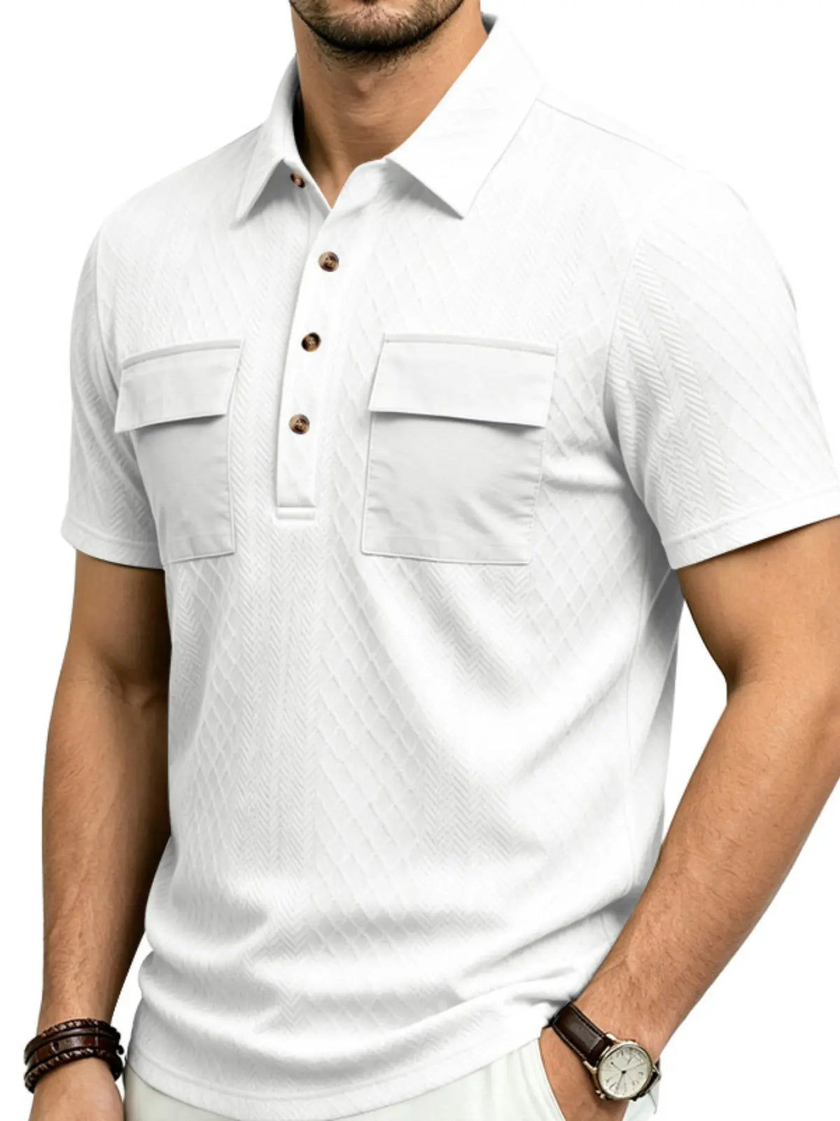Men's Summer Breathable Polo Shirts, Dual Chest Pocket Design, Button Placket, Breathable Short Sleeve, Classic Street Style, Office, Casual Wear, Top, Streetwear Polo Shirt, Breathable Summer Polos
