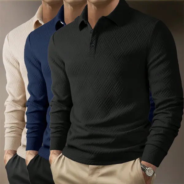 Men's Fitted 3-Piece Set Jacquard Pattern Heavyweight Fabric Button-Front Long Sleeve Polo Shirt - Ideal for Daily Commutes, Business Office Work