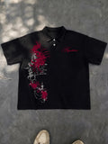 Men's Solid Black Short Sleeve Polo Shirt, Red Higanbana Spider Lily Gothic Graphic Print Regular Fit Top, Script Letter Chest Print Casual Back To School Streetwear Tee, Collared Polo Shirt, Summer Polo Shirts