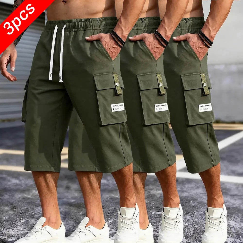 Men's 3-Pack Casual Cargo Shorts - Elastic Drawstring Waist, Multi-Pocket Design, Lightweight Utility, Large Pockets - Men's Clothing for Outdoor Work Wear Summer Streetwear