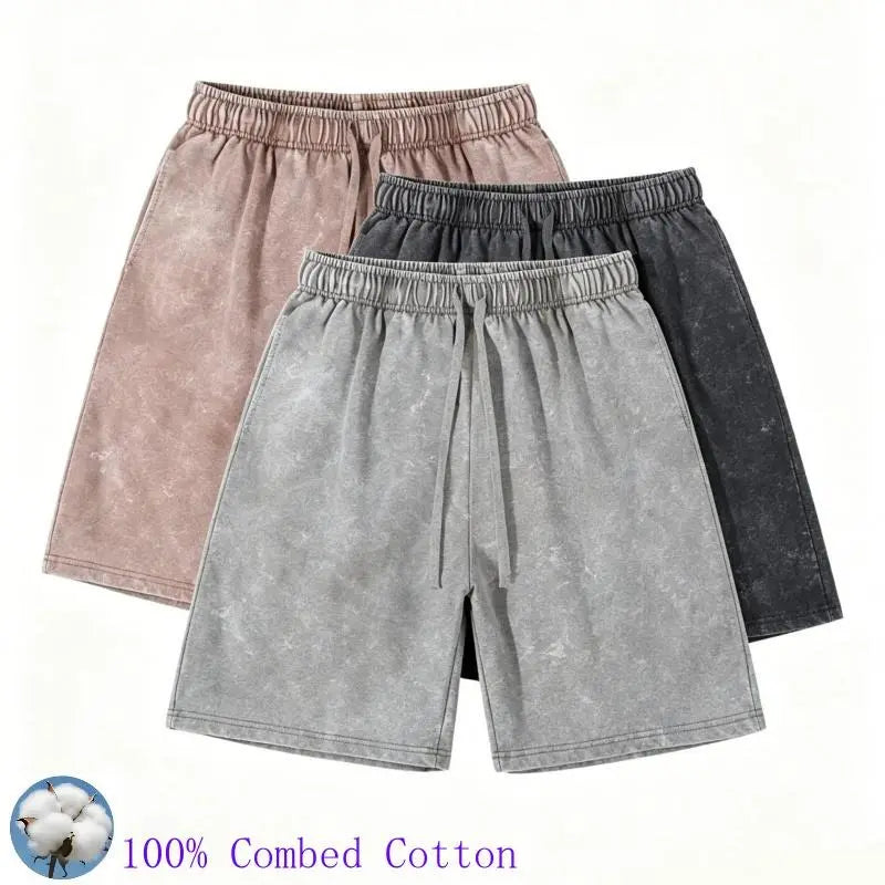Men's 100% Combed Cotton Washed Drawstring Beach Shorts - Above-the-Knee, Elastic Waist, Loose Fit, Breathable Comfy Fabric, Side Pockets, Summer Casual Wear, S-3XL