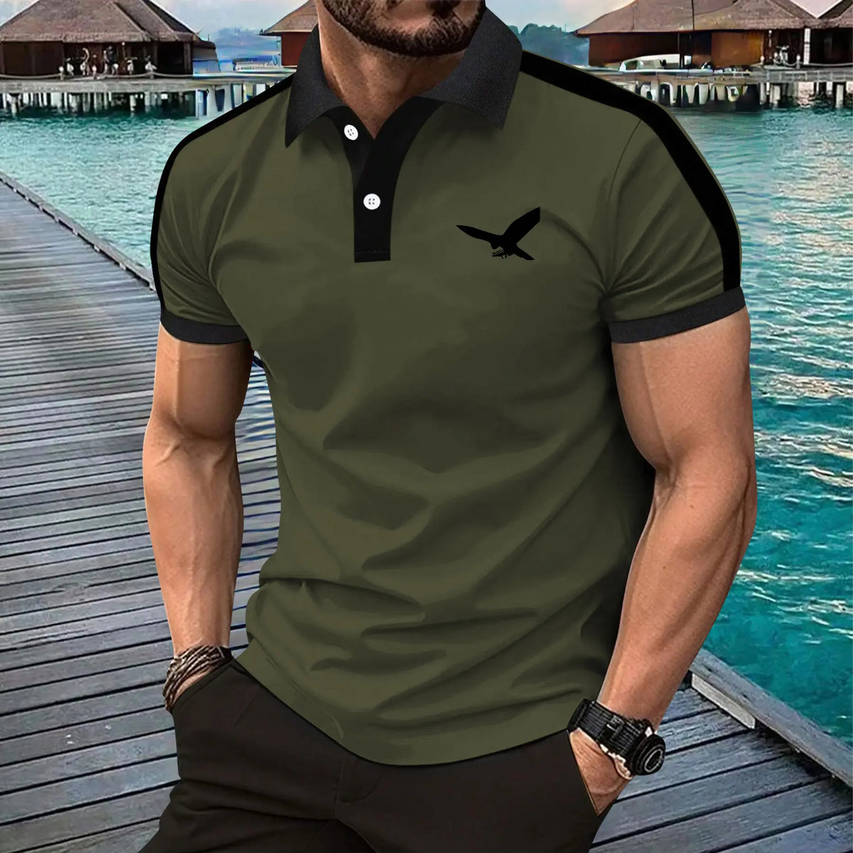 Men's Short Sleeve Henley Polo Shirt - Casual Figure-Flattering H-Type Top with Color-Contrast Buttons, Colorblock Design, Skin-Friendly Fabric, All-Season, Sporty Chic Look, Straps-Ready Apparel for Evening, Party