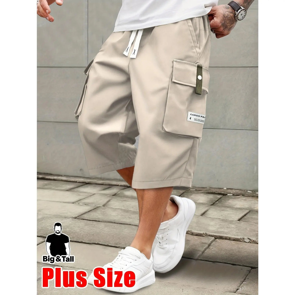 Men's plus size summer work pants elastic drawstring waist circumference, multiple pockets and letter patches, regular mid waist non elastic fabric, opaque, suitable for daily and casual wear, Father's Day gift casual pants for summer