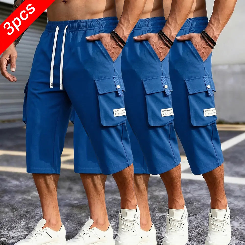 Men's 3-Pack Casual Cargo Shorts - Elastic Drawstring Waist, Multi-Pocket Design, Lightweight Utility, Large Pockets - Men's Clothing for Outdoor Work Wear Summer Streetwear