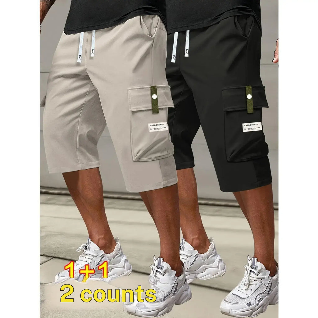 Men's plus size summer work pants elastic drawstring waist circumference, multiple pockets and letter patches, regular mid waist non elastic fabric, opaque, suitable for daily and casual wear, Father's Day gift casual pants for summer