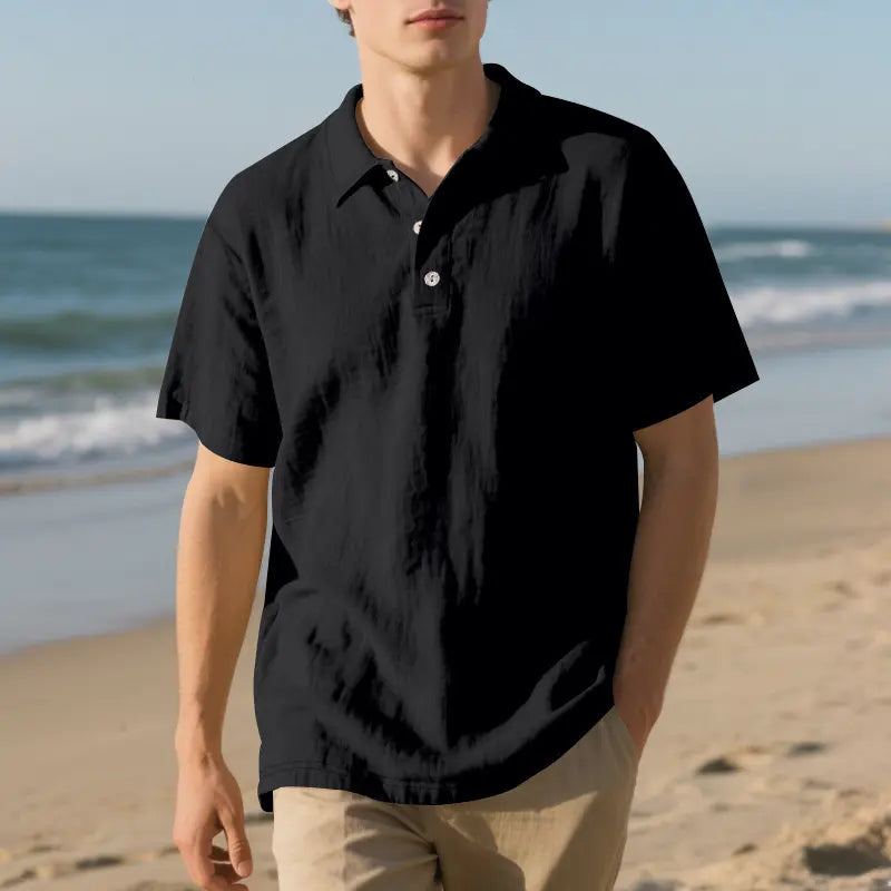Men’s summer washable crinkled linen polo shirt with classic lapel and three-button placket, relaxed drop-shoulder fit; lightweight and breathable—ideal for seaside/beach, commuting, and casual wear.