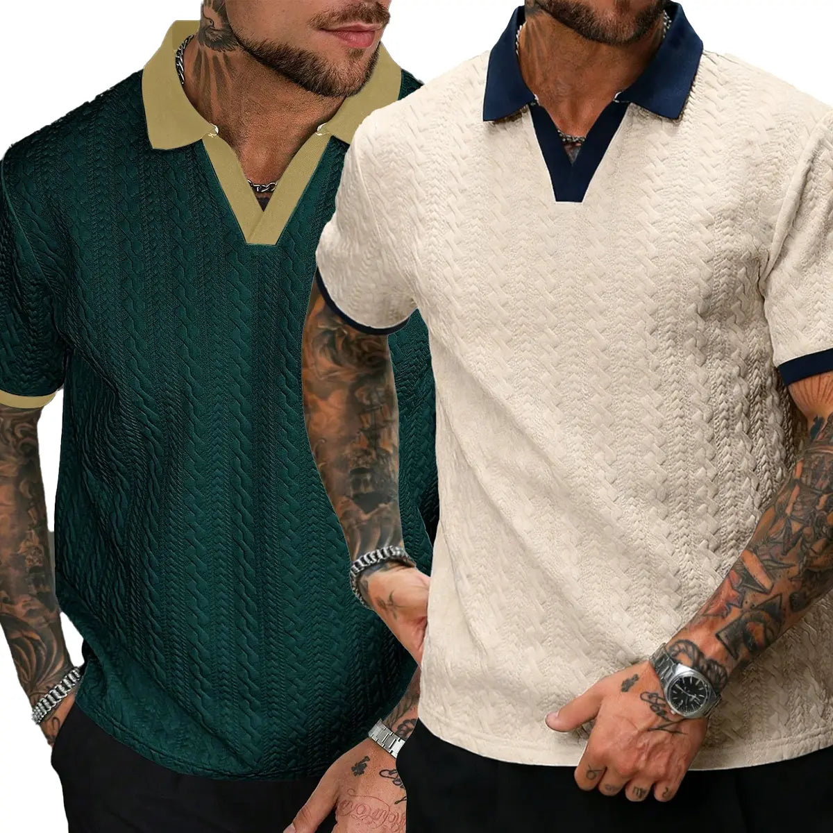 Men’s Cream V-Neck Polyester Knit Polo Shirt - Contrast-Color, Short-Sleeve, Textured, Retro-Style, Fitted Cut, Medium Length Male Clothing for Casual Commuting, Moire Stripes