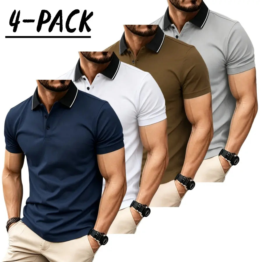 Men’s short sleeve polo shirt set of four pieces with a turn down collar and three buttons; urban casual style with contrast piping at the collar, slim tailored shoulders, and refined bead detailing. Suitable for men’s commuting, shopping, and exploring s