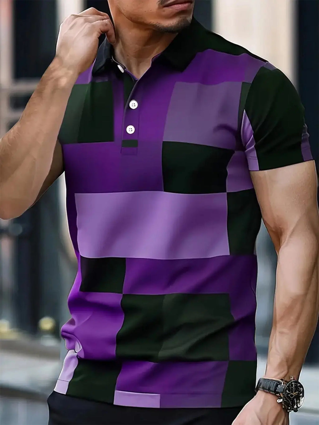 Men's Printed Color Blocked Casual Menswear Short Sleeved Buttoned Polo Shirt Collared Polo Shirts Summer Polos