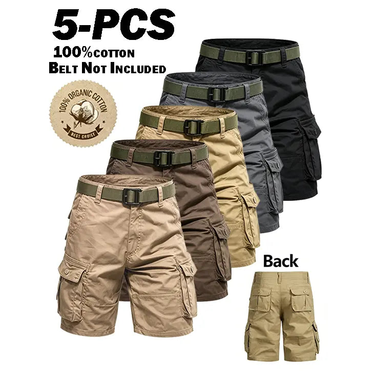 5-Piece Set Men's Vintage Organic Cotton Cargo Shorts - Mid Waist, Straight Knee Chino Bottoms, Loose Fit, Breathable, Soft, Multiple Pockets - Casual Pants for Camping&Hiking, Outdoor, Daily Wear - Light Solid Color Male Streetwear