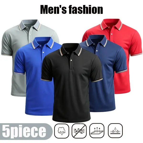 Men's 5-Pack Short-Sleeve Polo Shirts Set, Classic Notched Collar, Soft Lightweight Breathable Moisture-Wicking Fabric, Striped Athletic Activewear Top, Multiple Stylish Colors, Casual Sport Menswear