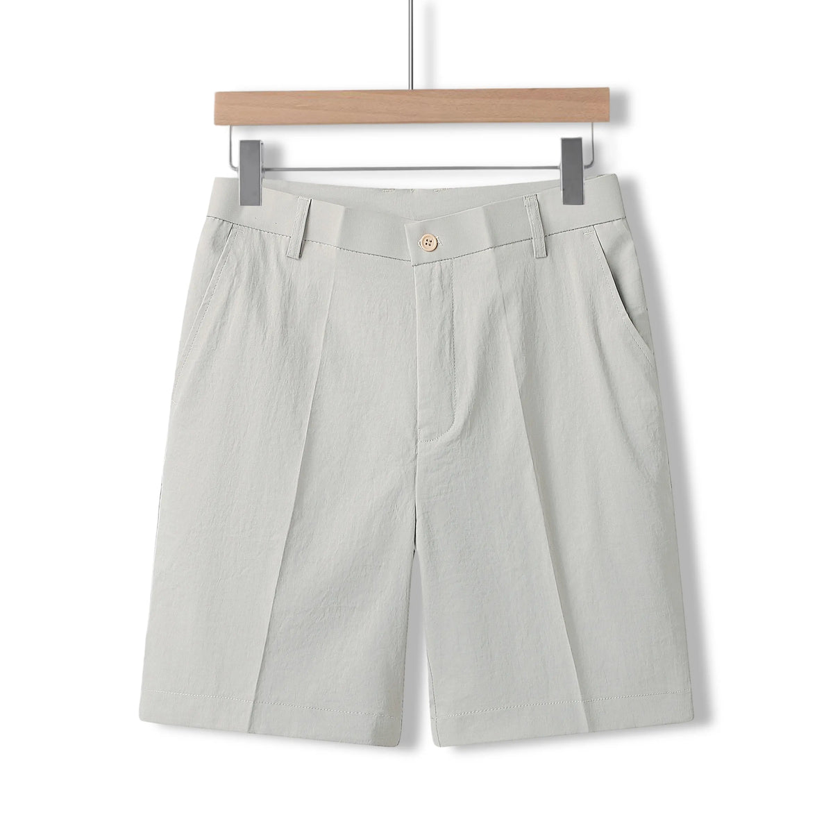 Men's Beige Fitted Pocket-Equipped Knee-Length Mid-Waist Straight Pants - Polyester Fiber, Sleek Suit Style Casual Menswear Bottoms for Resort, Beach Use