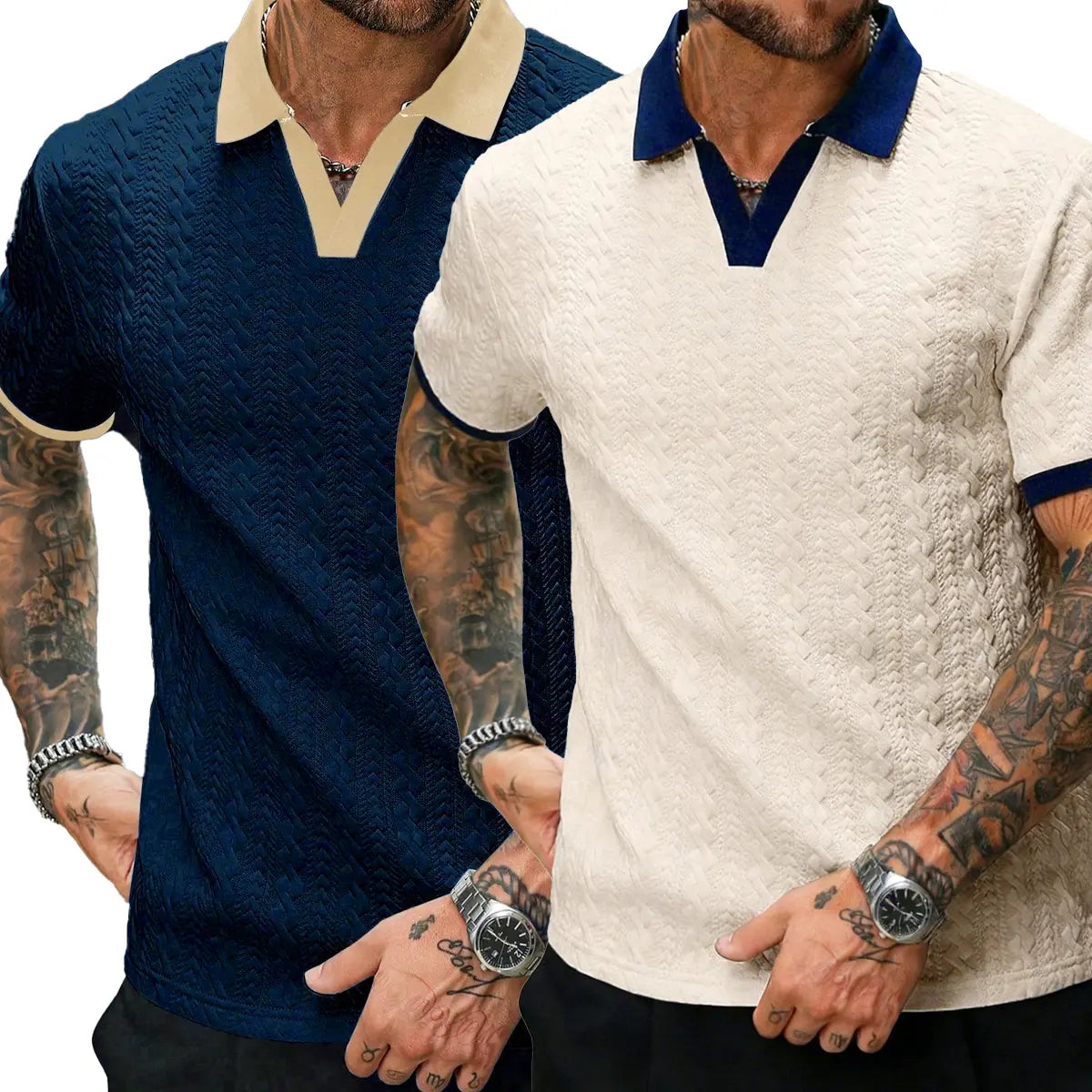 Men’s Cream V-Neck Polyester Knit Polo Shirt - Contrast-Color, Short-Sleeve, Textured, Retro-Style, Fitted Cut, Medium Length Male Clothing for Casual Commuting, Moire Stripes